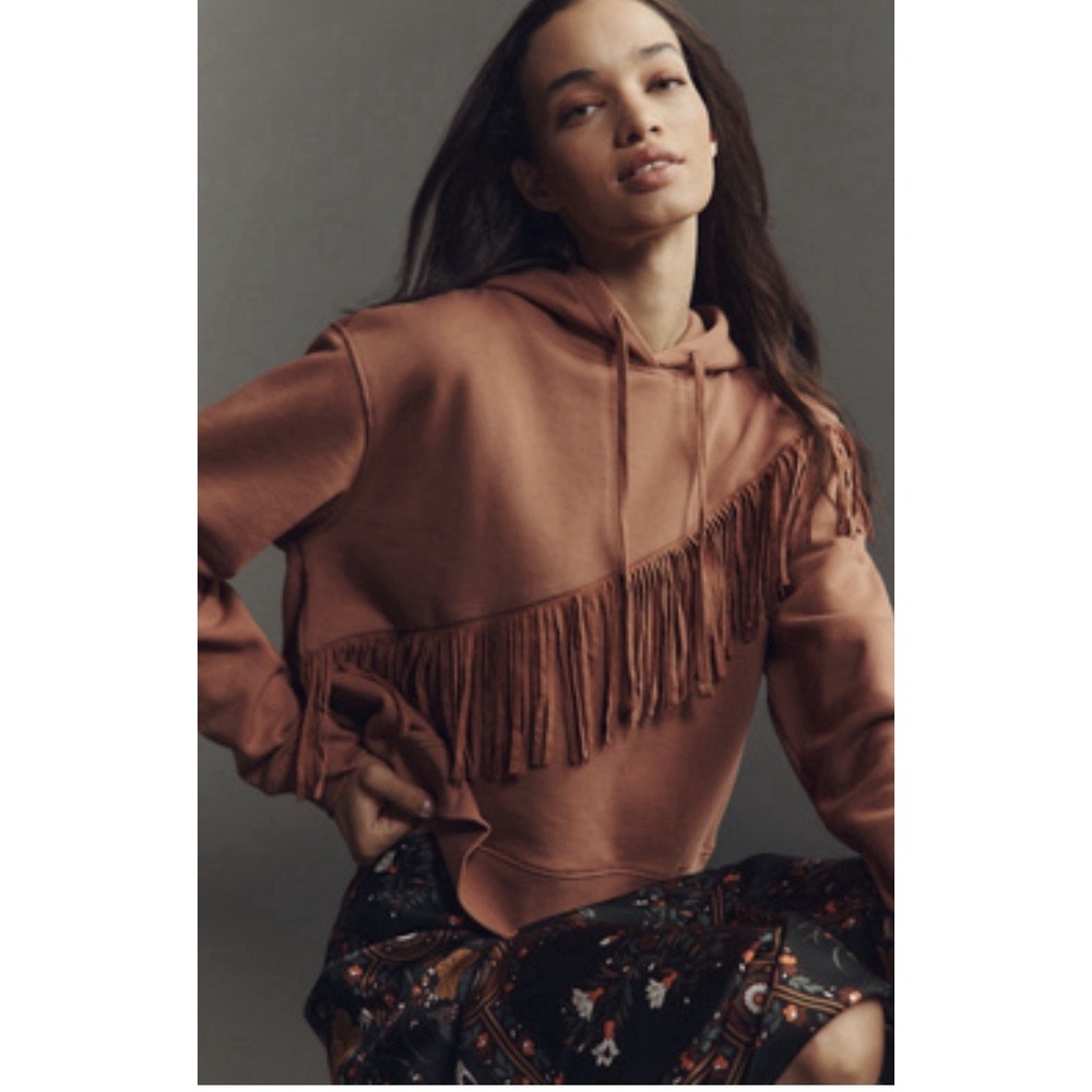 Anthropologie Pilcro Fringe Hooded Sweatshirt S Top Brown Western Boho Women's